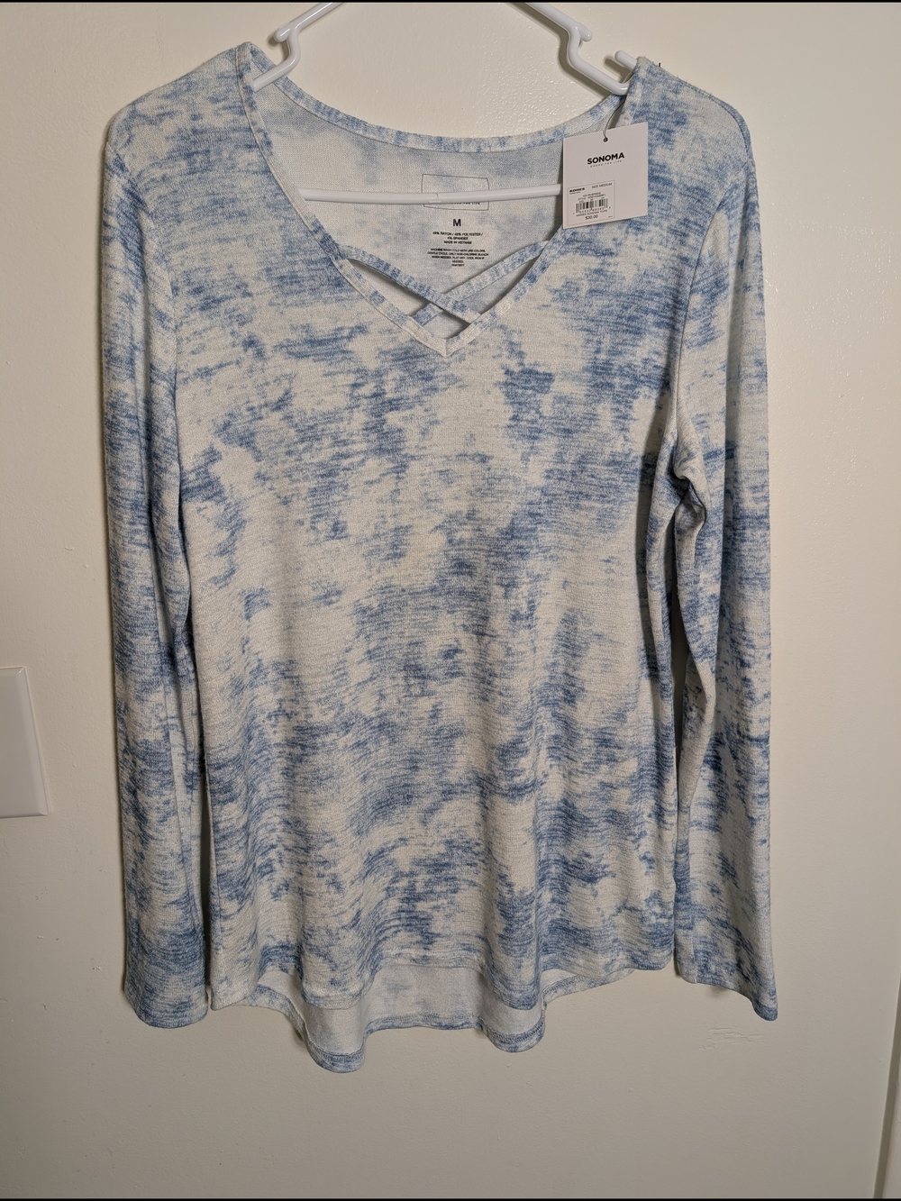 Sonoma Blue and White Tie-Dye Look Long Sleeve Crisscross V-Neck Top